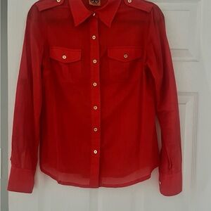 Tory Burch Red Sheer Button-Up Blouse